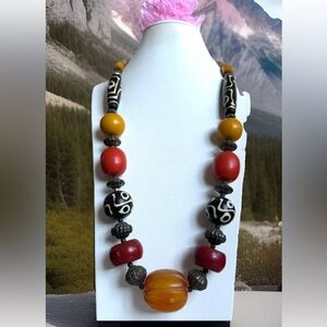 Vintage Ethnic Tibetan handmade long necklace with resin beads & yak bone 29”in
